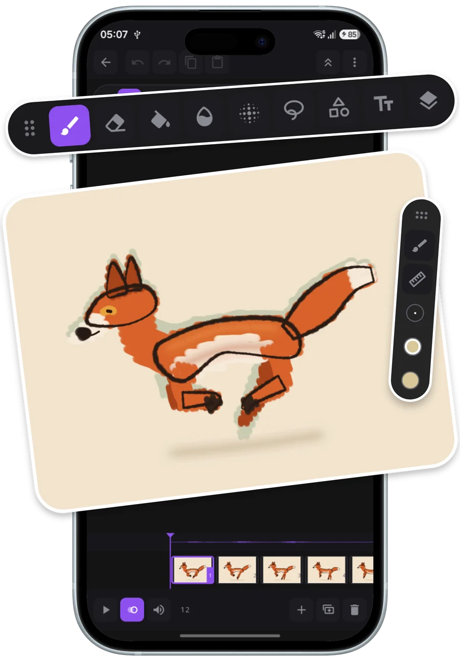 The NinoClip editor on a phone: the tool pill, the paper with the fox in onion skin, and the frame strip.